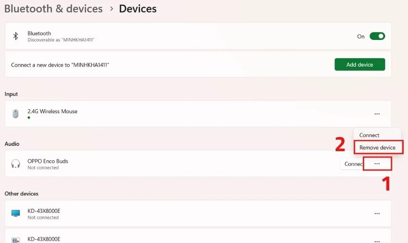 Chọn Remove Device để ngắt kết nối tai nghe Bluetooth