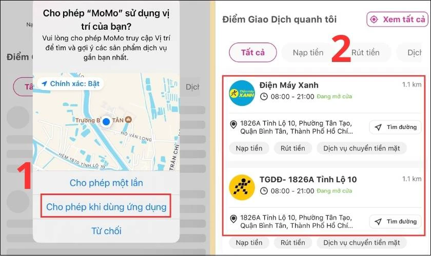 Mở quyền truy cập vị tr&iacute; để t&igrave;m địa chỉ nạp tiền gần nhất