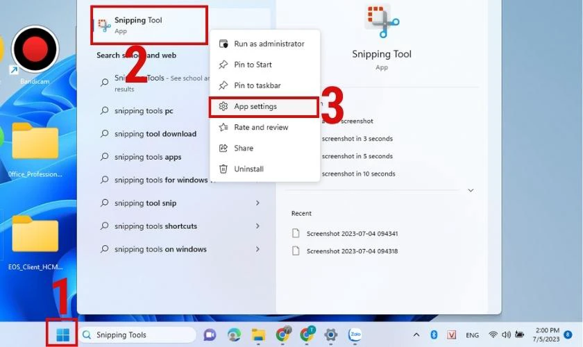 Tìm kiếm app Snipping Tools và nhấn chuột phải chọn App settings