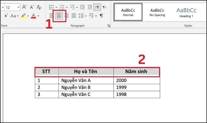 Chọn Align Center để căn giữa ô