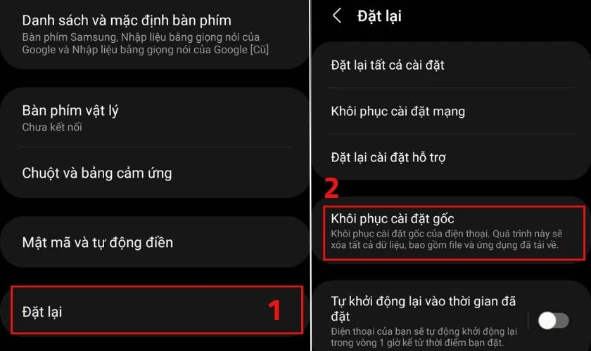 Chọn Đặt lại, bạn h&atilde;y chọn Kh&ocirc;i phục cài đặt g&ocirc;́c
