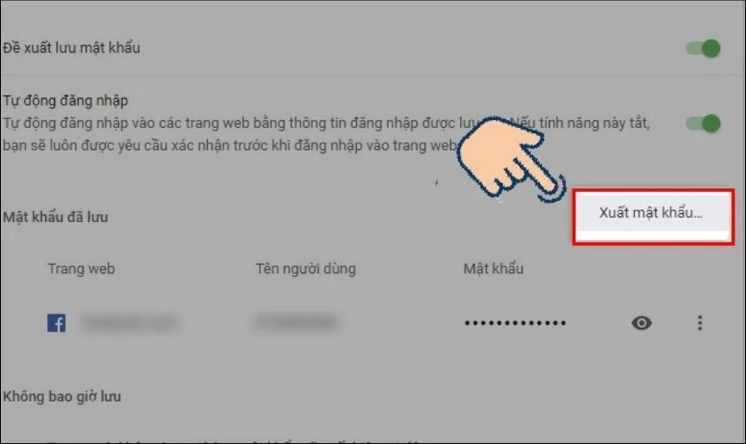 Chọn t&ugrave;y chọn Xuất mật khẩu