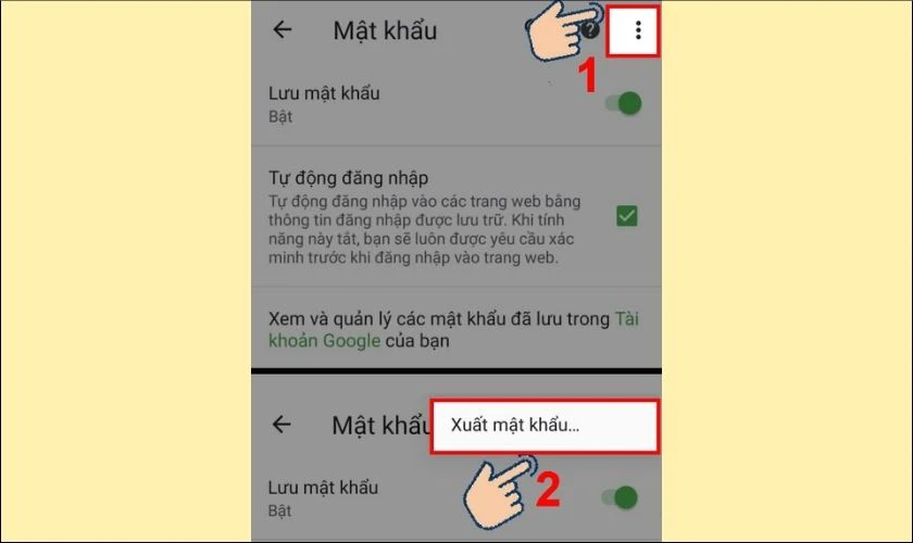 Chọn v&agrave;o biểu tượng 3 chấm ở tr&ecirc;n c&ugrave;ng v&agrave; chọn Xuất mật khẩu