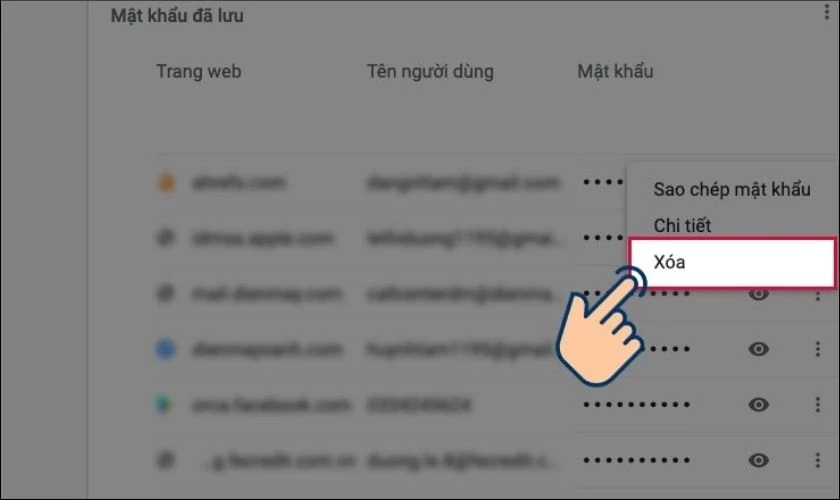 Tr&ecirc;n m&aacute;y t&iacute;nh, bạn nhấp v&agrave;o dấu 3 chấm, chọn X&oacute;a để x&oacute;a mật khẩu đ&atilde; lưu