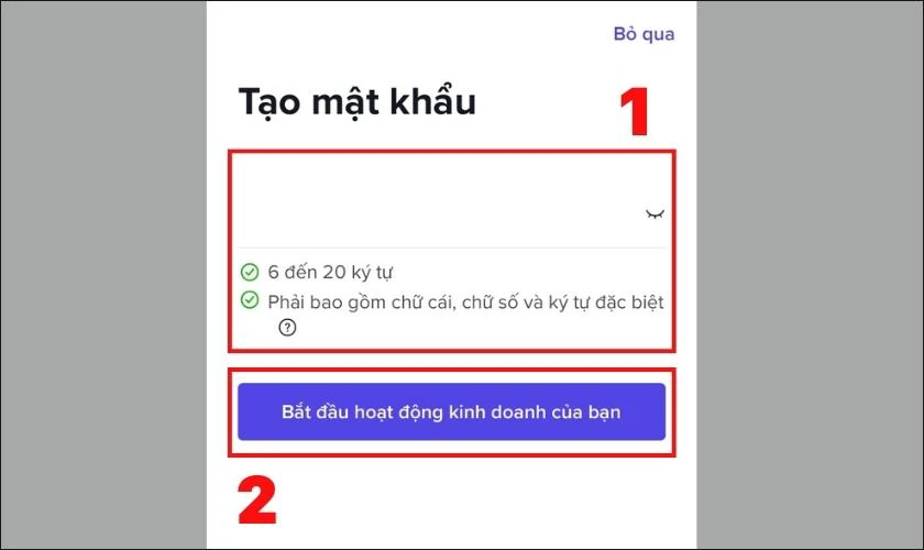 Nhấn v&agrave;o n&uacute;t Bắt đầu hoạt động kinh doanh của bạn