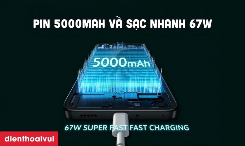 Pin 5000mAh và sạc nhanh 67W tiện lợi