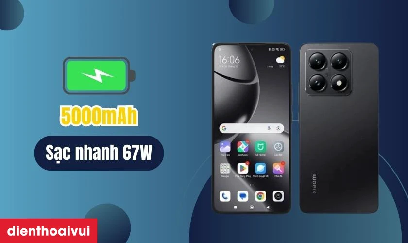 Pin dung lượng lớn 5000mAh c&ugrave;ng sạc nhanh 67W tiện lợi