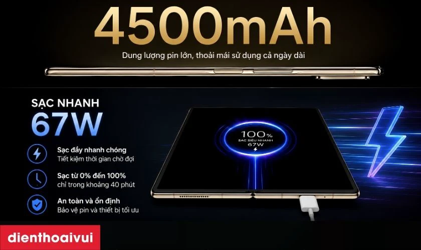 Pin 4500mAh v&agrave; sạc nhanh 67W tiện lợi