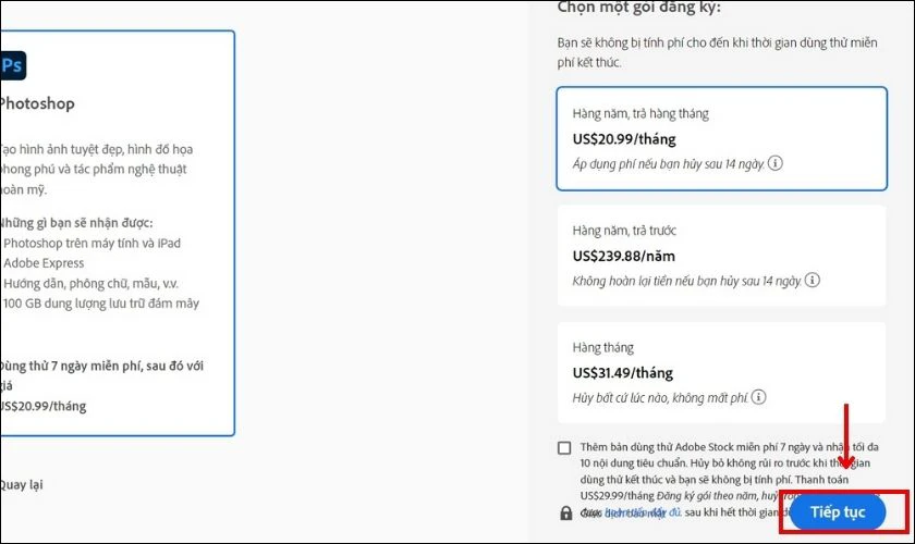 Chọn g&oacute;i đăng k&yacute; d&ugrave;ng thử Generative Fill