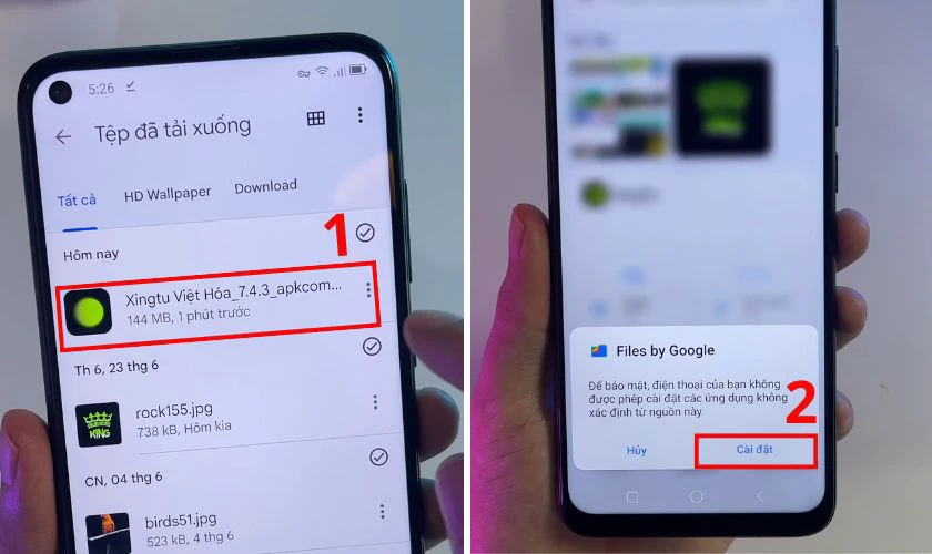 Mở file APK vừa tải, nhấn C&agrave;i đặt v&agrave; chờ ho&agrave;n tất