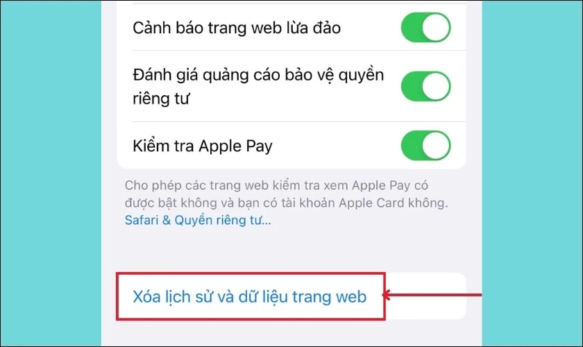 Chọn X&oacute;a lịch sử v&agrave; dữ liệu trang web