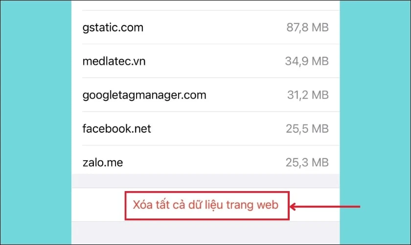 Chọn X&oacute;a tất cả dữ liệu trang web