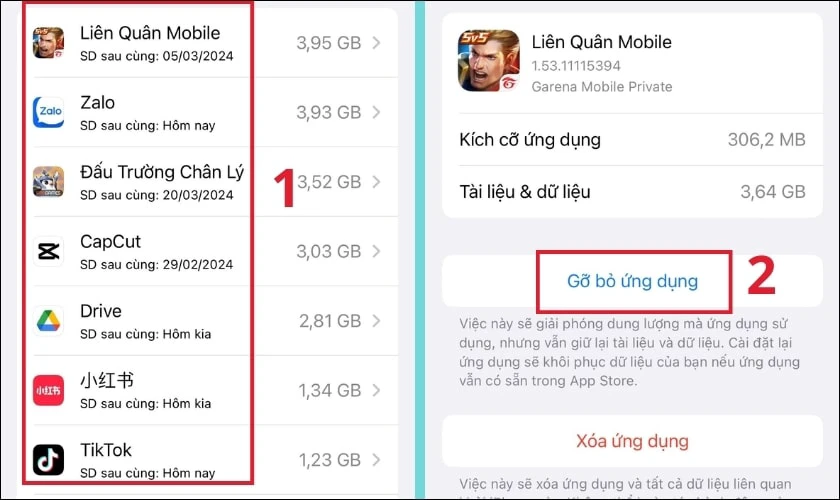 Gỡ bỏ ứng dụng để x&oacute;a bớt bộ nhớ đệm tr&ecirc;n iPhone