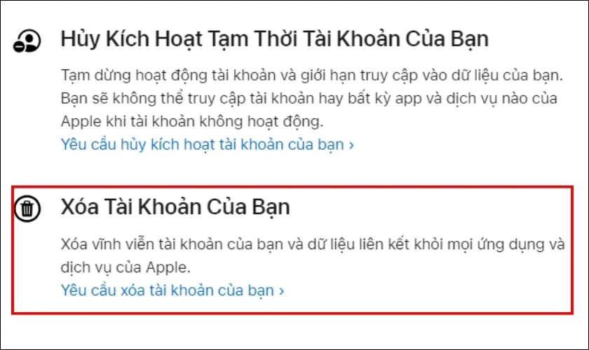 Chọn Yêu cầu xóa tài khoản của bạn