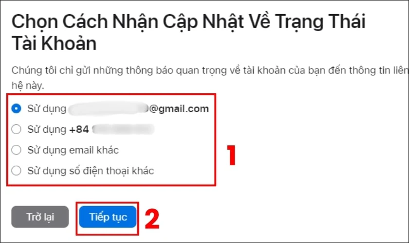 Chọn một email hoặc số điện thoại để theo dõi quá trình xoá tài khoản