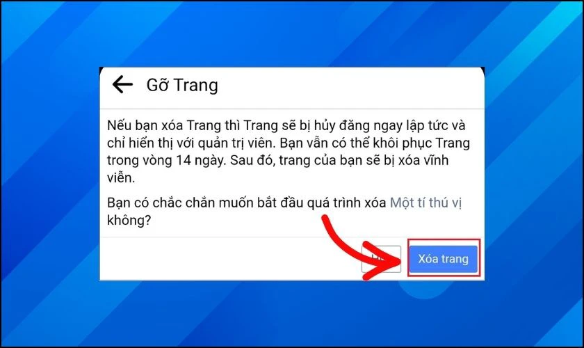 Hoàn tất lệnh xóa trang Facebook