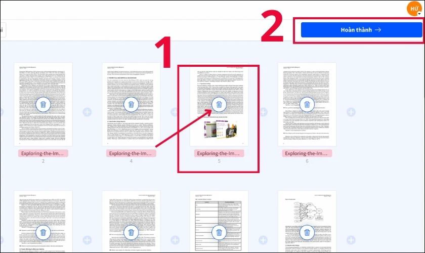 Chọn vào trang biểu tượng thùng rác trên trang PDF cần xóa