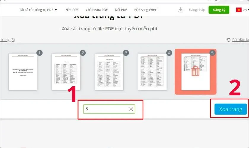 Nhập số trang PDF cần xóa và chọn Xóa trang