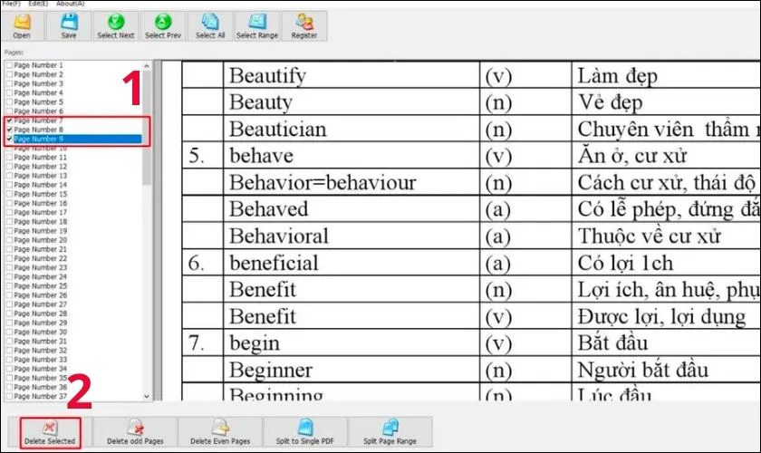 Chọn trang PDF cần xóa