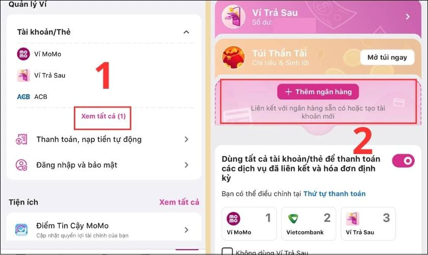Chọn mục Th&ecirc;m ng&acirc;n h&agrave;ng để li&ecirc;n kết v&iacute; MoMo