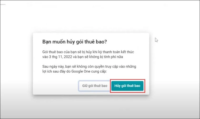 Bạn nhấn v&agrave;o n&uacute;t Hủy g&oacute;i thu&ecirc; bao