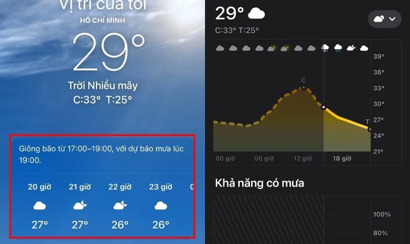 V&agrave;o ứng dụng Thời tiết v&agrave; vuốt sang tr&aacute;i để xem chi tiết