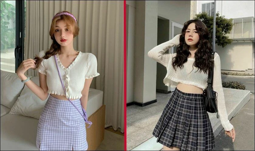 &Aacute;o croptop kết hợp với v&aacute;y ngắn, quần jeans