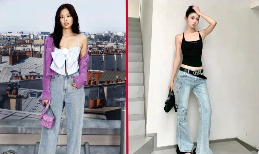 &Aacute;o hai d&acirc;y, ba lỗ v&agrave; quần jeans ống loe, quần cạp trễ