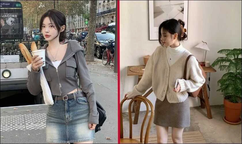 &Aacute;o kho&aacute;c nỉ ngắn, &aacute;o cardigan v&agrave; v&aacute;y jeans ngắn