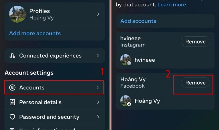 Nhấn chọn mục T&agrave;i khoản (Accounts) v&agrave; lựa chọn t&agrave;i khoản muốn x&oacute;a li&ecirc;n kết với Instagram, nhấp X&oacute;a