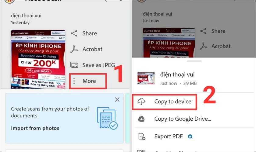 Tải xuống file PDF bằng cách vào More, sau đó Copy to device