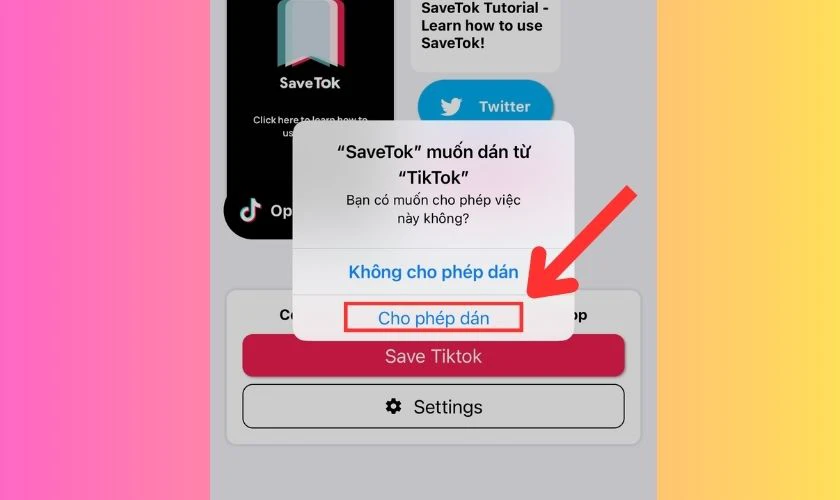 Chọn Cho ph&eacute;p d&aacute;n tr&ecirc;n app SaveTok