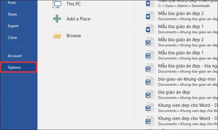 Chọn vào mục Options