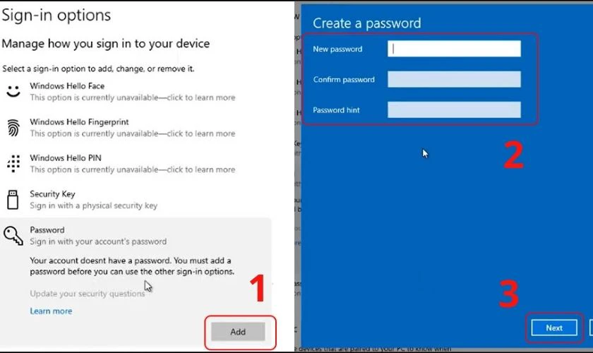 Tiếp đó bạn chọn Password hint cho mình rồi nhấn Next để tiếp tục