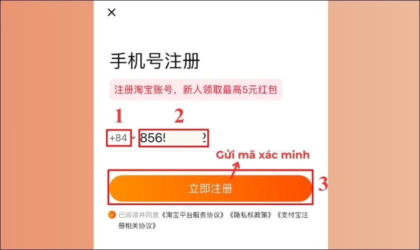 Điều chỉnh m&atilde; v&ugrave;ng, nhập số điện thoại v&agrave; nhấn gửi m&atilde; x&aacute;c minh
