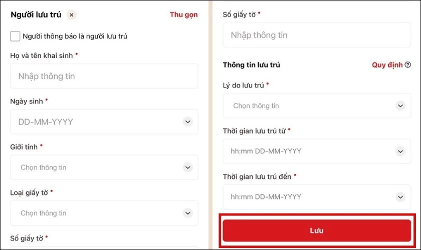 Nhấn v&agrave;o Lưu th&ocirc;ng tin người lưu tr&uacute;