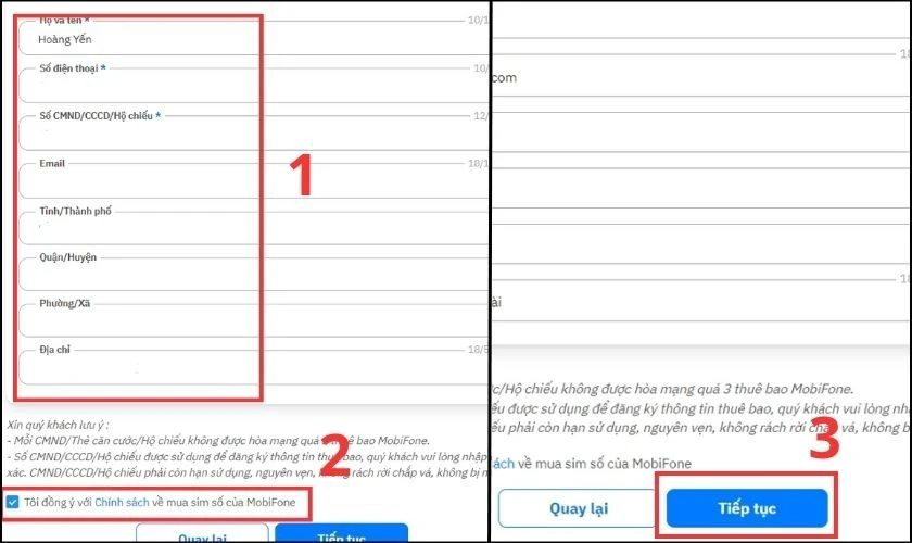 Nhập các thông tin mà website