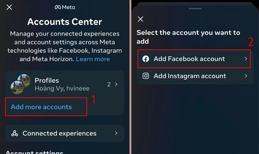 Nhấp chọn lệnh Th&ecirc;m t&agrave;i khoản, chọn Th&ecirc;m t&agrave;i khoản Facebook, lựa chọn t&agrave;i khoản Facebook muốn li&ecirc;n kết v&agrave; nhấn Tiếp tục