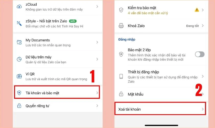 Chọn Tài khoản và bảo mật, sau đó tìm và nhấn Xóa tài khoản
