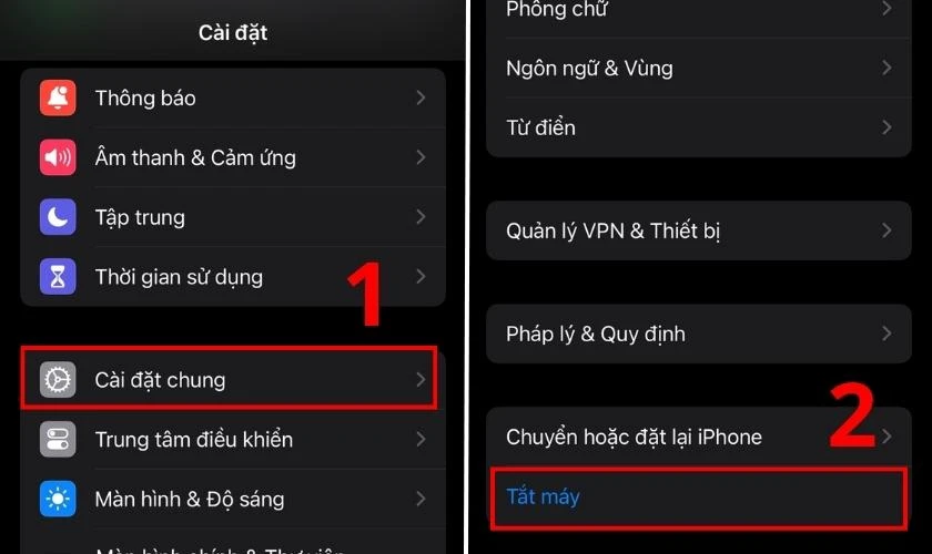 Chọn C&agrave;i đặt chung v&agrave; chọn mục Tắt m&aacute;y