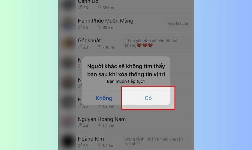 Nhấn Có là bạn đã hoàn toàn tắt tính năng Tìm quanh đây trên Zalo