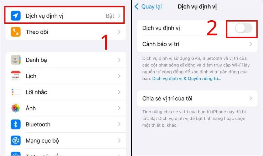 Chọn mục Dịch vụ định vị sau đó tắt Dịch vụ định vị