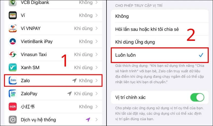 Chọn biểu tượng Zalo, rồi nhấn Luôn luôn