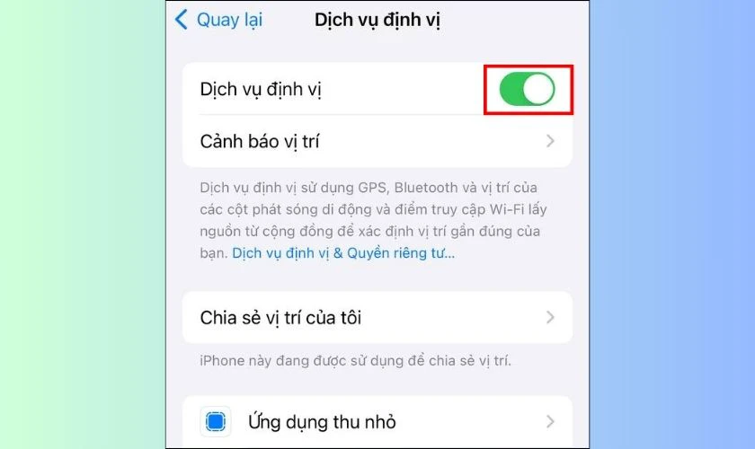 Mở lại Dịch vụ định vị để khởi động lại GPS
