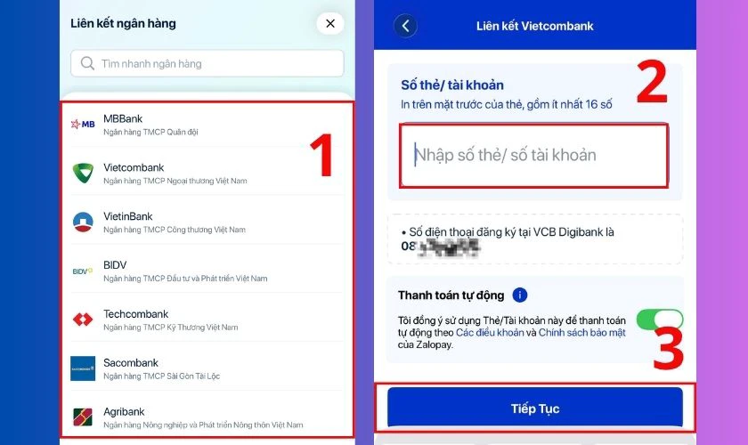 Nhập số tài khoản/số thẻ và nhấn Tiếp tục