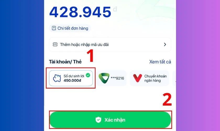 Kiểm tra lại số tiền và thông tin giao dịch, sau đó nhấn Xác nhận