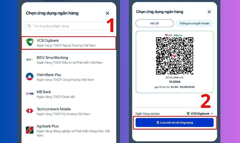 Chọn nguồn tiền là tài khoản hoặc thẻ ngân hàng đã liên kết