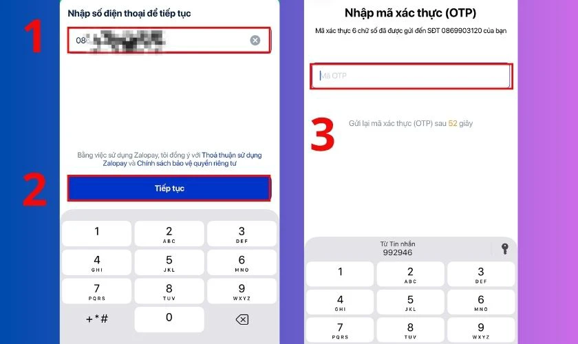 Nhập số điện thoại muốn sử dụng để đăng ký ZaloPay sau đó nhấp Tiếp tục