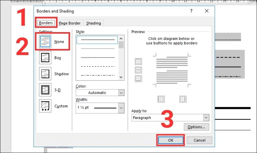 Chọn bỏ đường kẻ và nhấn Ok