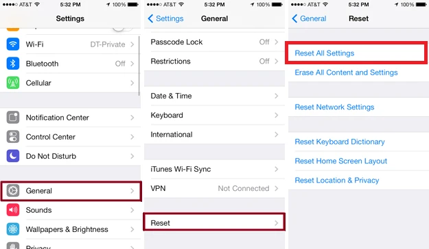 Khôi phục lại tất cả các thiết lập khi iphone không nghe được loa ngoài